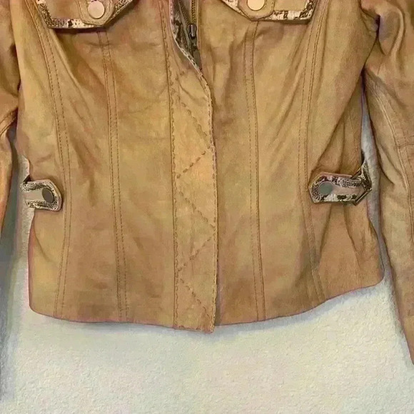 Etcetera tan leather snakeskin jacket sz 2 preppy moto 90s fall winter *flaw - Picture 7 of 13